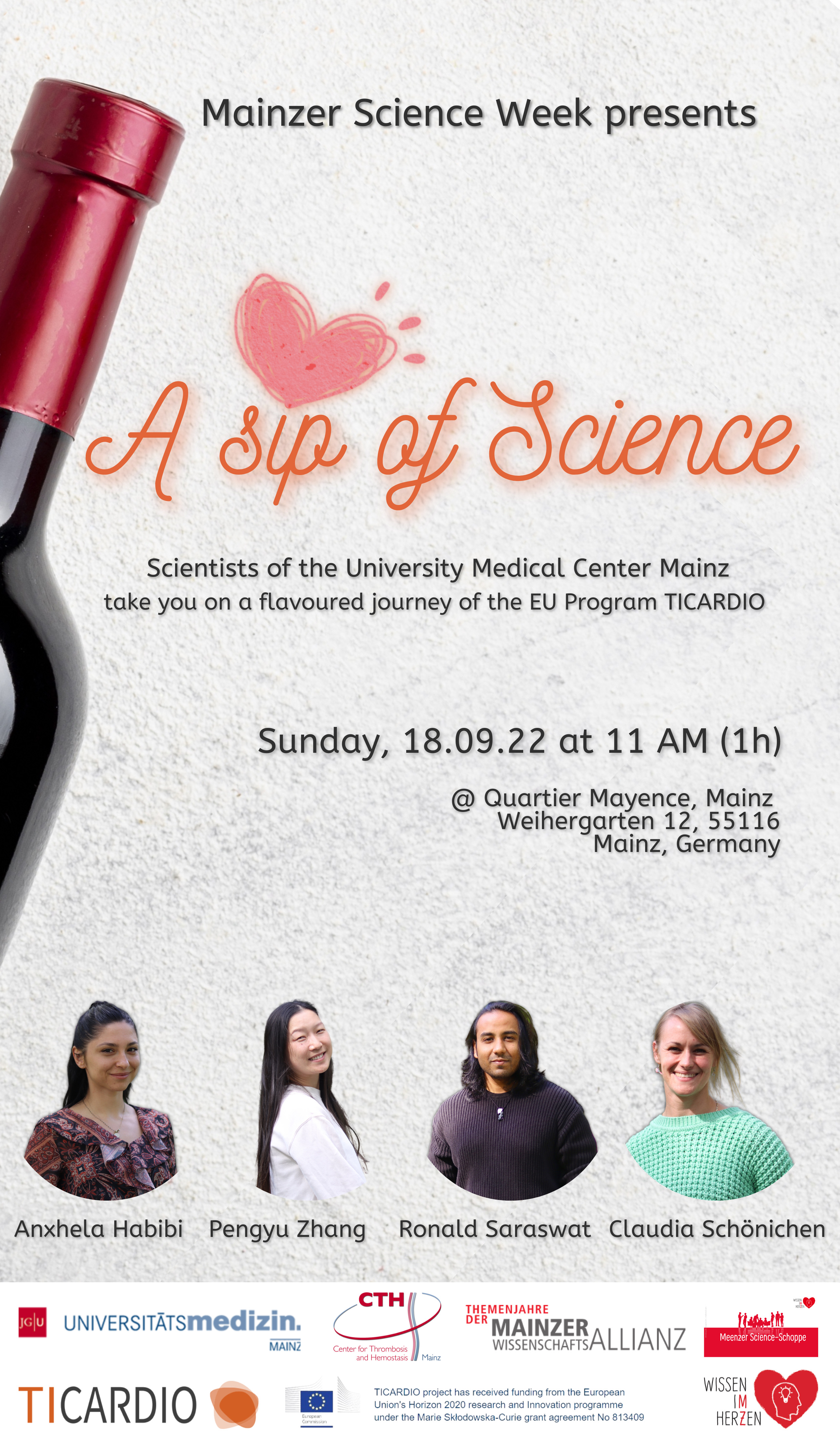 A Sip of Science event poster featuring TiCardio researchers