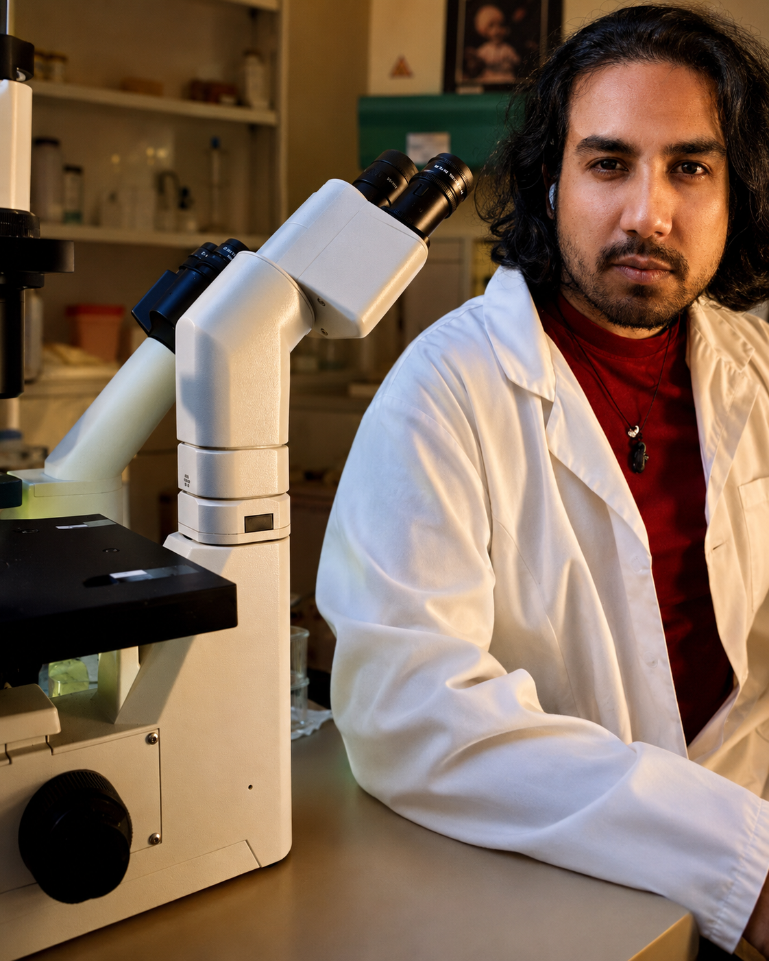 Ronald Saraswat in a laboratory beside a microscope