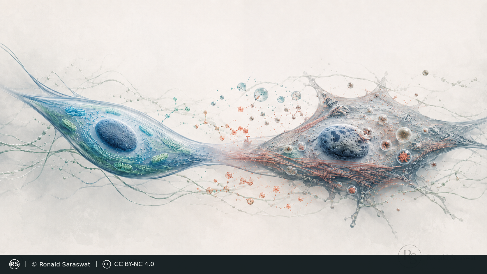 AI-assisted conceptual scientific illustration contrasting cellular states